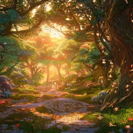 Image similar to the aesthetic view of the beautiful, grand, wistful, dreamy hidden forest at dusk, hyperrealistic anime illustration by iralki nadar, colorful, extremely detailed, intricate linework, super sharp focus, bright colors, octopath traveler, studio ghibli, unreal engine 5 highly rendered, global illumination, radiant light, detailed and intricate environment