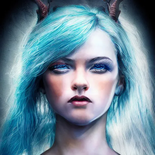 Image similar to The dragon girl portrait, portrait of young girl half dragon half human, dragon girl, dragon skin, dragon eyes, dragon crown, blue hair, long hair, highly detailed, cinematic lighting, Matte painting by David Lynch