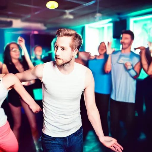 Image similar to photo of a 2 8 year old white man living thinking he's living the best life possible. he looks young for his age. he is at a dance club, it's as if he were in a music video. young woman are flocking to him and can be seen dancing around him in a seductive manner.