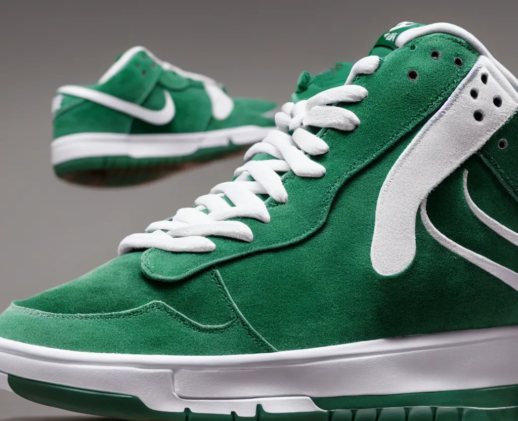 Prompt: a press photograph of nike dunks low pine green and white, size 1 0, white background