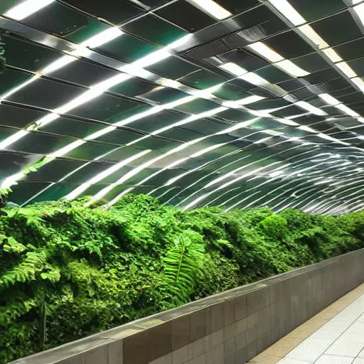 Image similar to subway station, lots of green, plants, ecofuturism