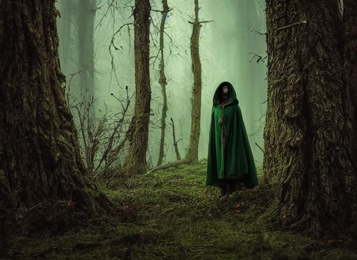 Prompt: character and environment design, portrait 2 0 - year - old dark fantasy female druid, tattered hood and robe, infested bear standing, medium shot, wide angle, green light, zeiss 3 5 mm photography