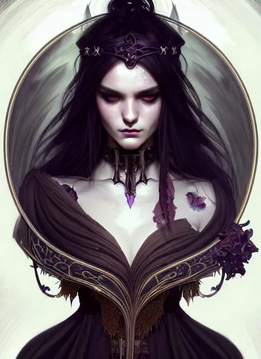 Image similar to Necromancer Sorceress, fantasy magic, undercut hairstyle, dark light night, intricate, elegant, sharp focus, illustration, highly detailed, digital painting, concept art, matte, art by WLOP and Artgerm and Greg Rutkowski and Alphonse Mucha, masterpiece