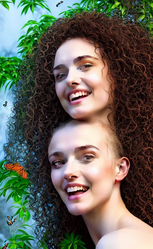 Image similar to 8 k uhd poser render of the face of a young woman with marble complexion, angelic features, her face framed with curls, her head raised in rapture, laughing, portrait photography, symmetrical eyes, by john singer sargent, background lush vegetation, insects and birds, dof narrow, 1 0 5 mm lens