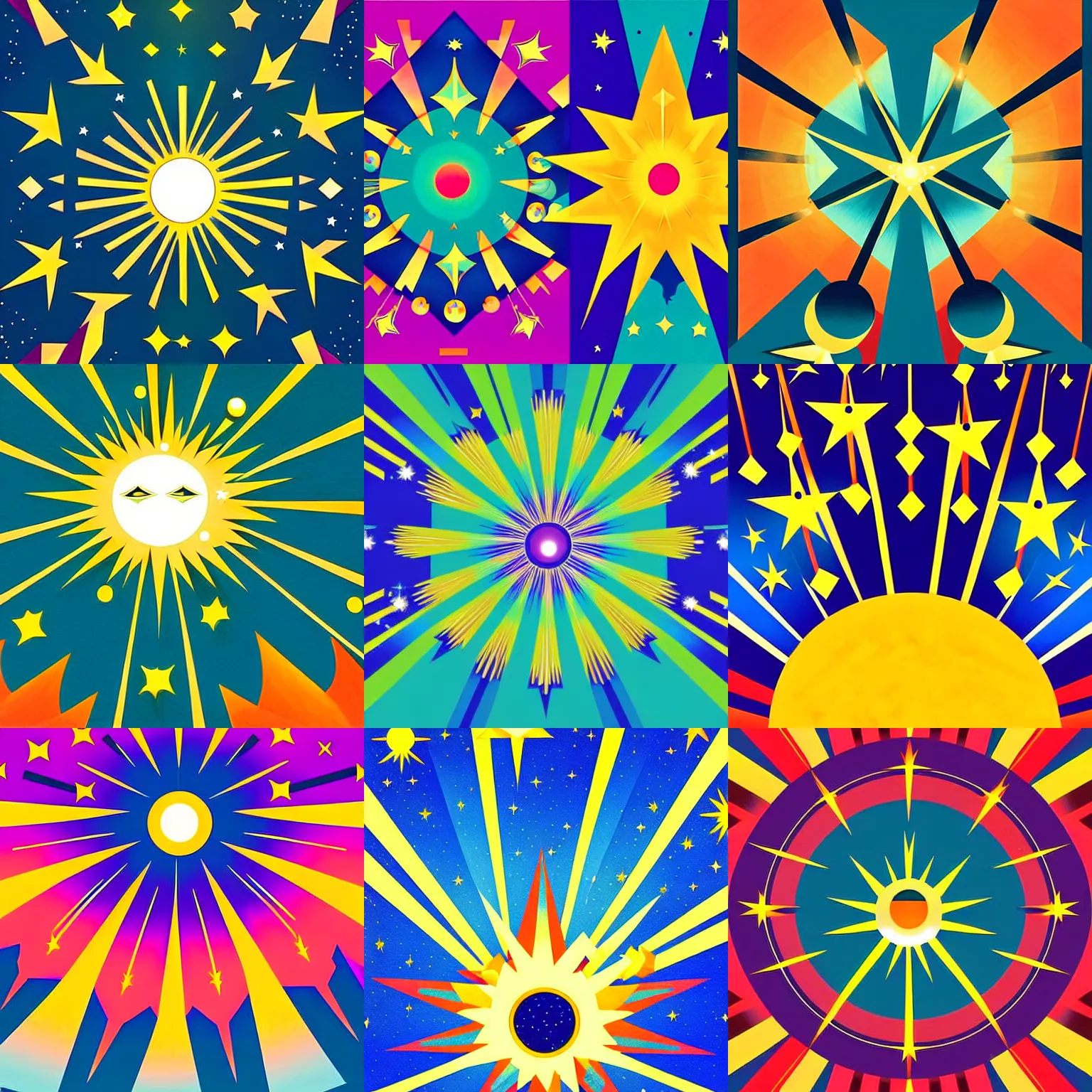 Prompt: an art deco painting of stars hanging from a ceiling, half opened eyes, suns, vector art by Mary Blair, behance contest winner, space art, concert poster