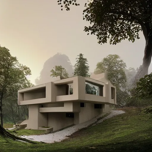 Image similar to beige rectangular house with big atrium surrounded by collumns, on a hill surrounded by big trees, dramatic lighting, artstation, matte painting, raphael lacoste, simon stalenhag, frank lloyd wright, zaha hadid, drone view