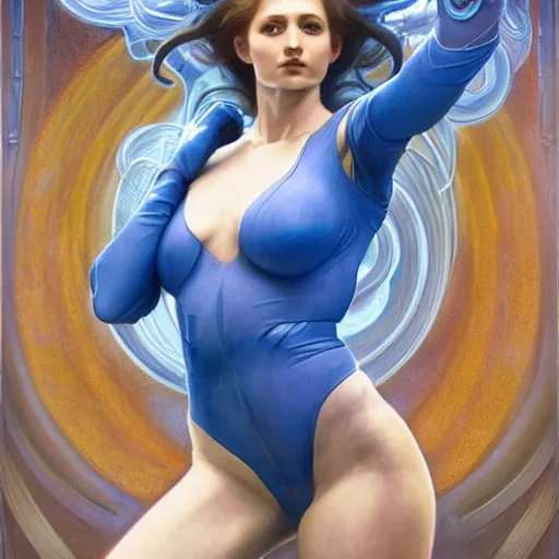 Prompt: Portrait of Samus Aran with blue jumpsuit drawn by Donato Giancola and Tom Bagshaw, face by Artgerm, overall design by Alphonse Mucha, background by James Jean and Gustav Klimt, light by Julie Bell, 4k, porcelain skin, komorebi, french nouveau, trending on artstation, octane render, hyperrealistic