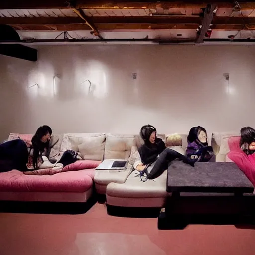 Image similar to a huge smoky room filled with females lounging on couches, artist kim jung gi,