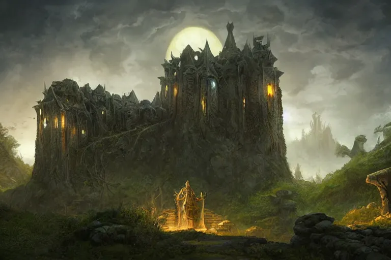 Prompt: fantasy painting, dungeons and dragons, a brutalist fortress overlooks a celtic sylvan rivendell medieval village hovels with a stream in a forested valley, sunset with ominous shadows, a bunny by jessica rossier and brian froud cinematic painting