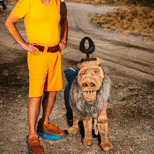 Image similar to portrait photo still of real life fred flintstone, 8 k, 8 5 mm f 1. 8