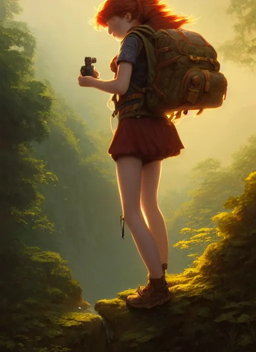 Image similar to detailed intricate digital illustration by greg rutkowski and artgerm and wlop and sanford robinson gifford ; young red - haired explorer girl with a backpack, ancient forest, shimmering waterfall in background ; 1 3 mm film, arri alfa anamorphic lens ; sharp focus, golden hour lighting, trending on artstation 4 k