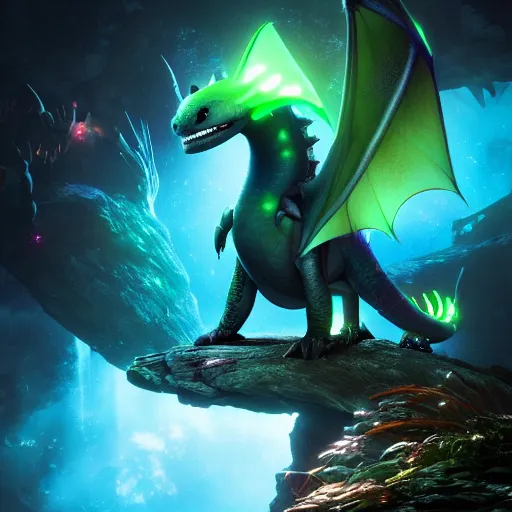 Image similar to realistic bioluminescent dragon on a dream biome in the style of how to train your dragon, detailed, studio shot, unreal engine 5, octane, high definition, smooth, artstation, behance