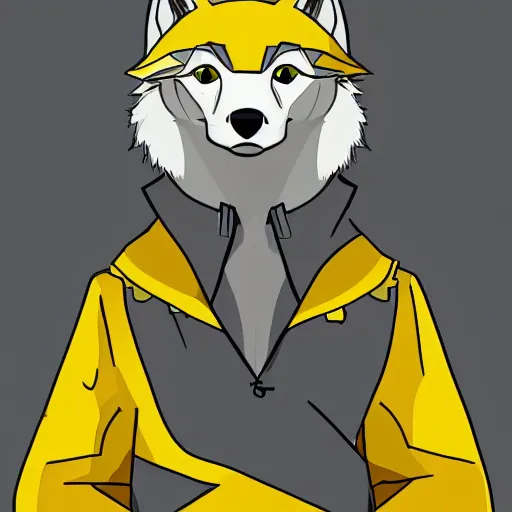 Image similar to lineart of a silly grey wolf wearing a yellow raincoat