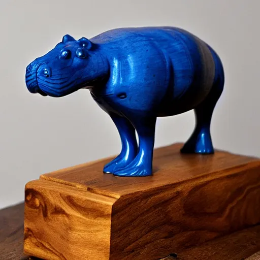 Image similar to a small smooth hippo statue carved from natural wood, dipped in polished blue resin, half and half, mixed media, side view