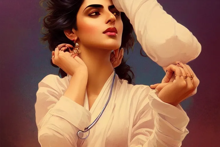 Image similar to sensual pale beautiful indian doctor in jeans, art deco portrait, elegant, intricate, digital painting, artstation, concept art, smooth, sharp focus, illustration, art by artgerm and greg rutkowski and alphonse mucha