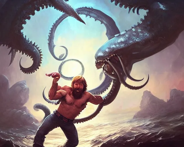 Prompt: chuck norris fighting the kraken, photography of kurzgesagt, deep focus, d & d, fantasy, intricate, elegant, highly detailed, digital painting, artstation, concept art, matte, sharp focus, illustration, hearthstone, art by artgerm and greg rutkowski and alphonse mucha