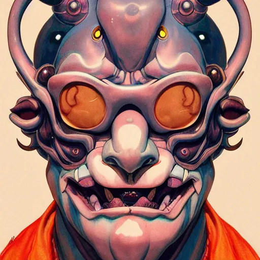 Image similar to prompt : oni mask character portrait soft light painted by james jean and katsuhiro otomo and erik jones, inspired by evangeleon anime, smooth face feature, intricate oil painting, high detail illustration, sharp high detail, manga and anime 1 9 9 9