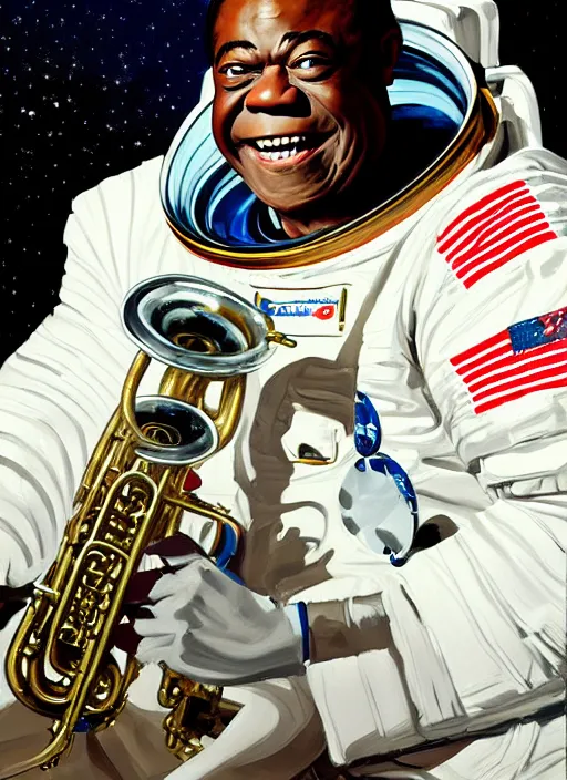 Prompt: a portrait of louis armstrong wearing a space suit on the moon, trumpet, by greg manchess and john singer sargent and jonathan yeo, dramatic lighting, highly detailed digital painting