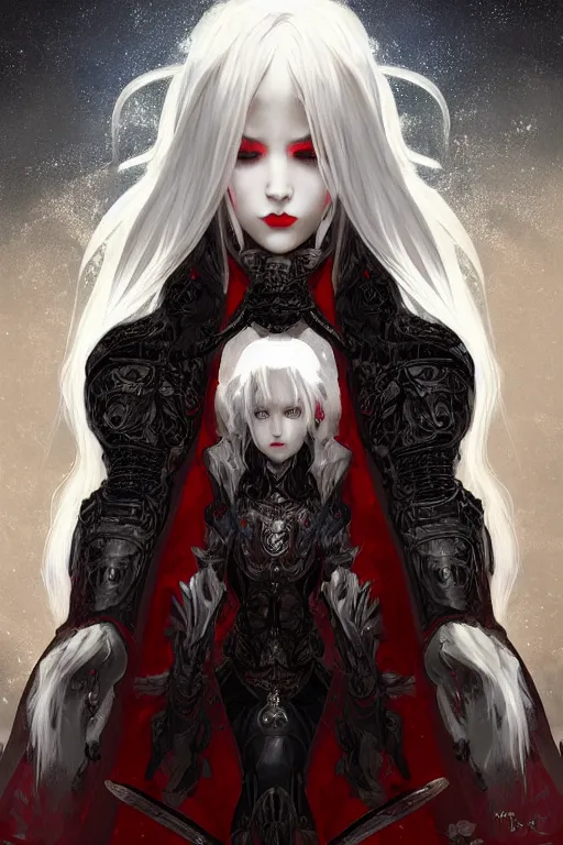 Image similar to portrait white hair knights of Zodiac girl+smoky eyes, black fire red color reflected armor, in ruined Agora of Athens rainy night, ssci-fi and fantasy, intricate and very very beautiful and elegant, highly detailed, digital painting, artstation, concept art, smooth and sharp focus, illustration, art by tian zi and WLOP and alphonse mucha