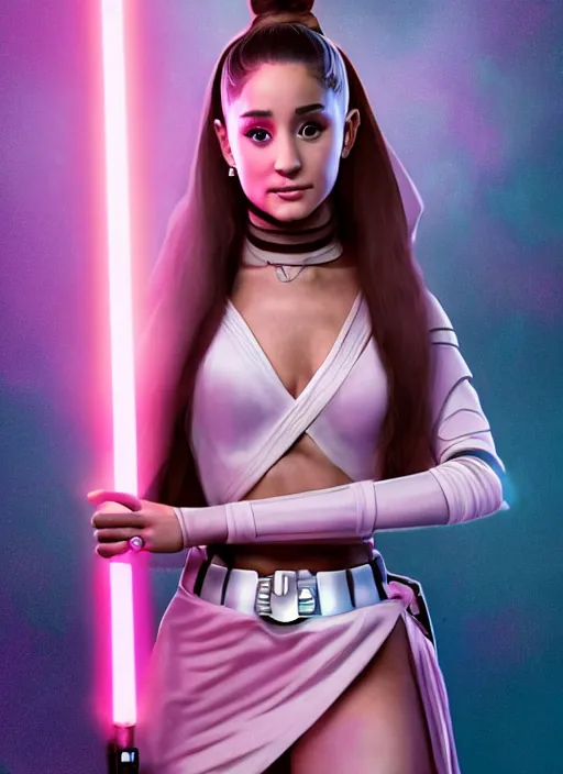 Image similar to An extremely detailed photo of Ariana Grande in the Star Wars universe holding the handles of two pink lightsabers held in each hand. Maximum detail on artstation, photo realism, vivd details, vivd colour, volumetric lighting