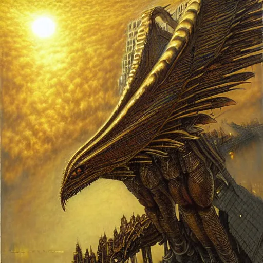 Prompt: winged kaiju attacks the city, atmospheric lighting, painted, intricate, golden hour, ultra detailed by peter gric, giger, enki bilal