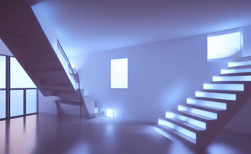 Image similar to stairs with soft blue lights in the roof, octane render, artstation trending, highly detailded