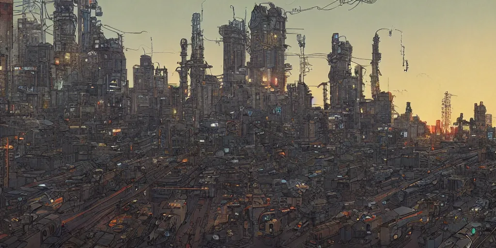 Image similar to ”a diesel punk city vista, Twilight, city lights, reflections, glares, perspective sky, HD, 8k, in the style of Katsuhiro Otomo, Ian mcque”