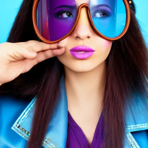 Prompt: closeup painting of a very beautiful young mexican cyberpunk woman with light blue shutter shades, one side haircut, long brown hair with light blue ends, purple leather jacket