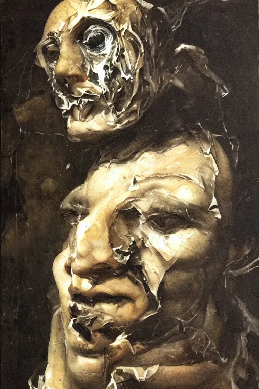 Image similar to mysterious portrait of medici coming out from the dark void, face partially melting like glitching out LSD effect, the face breaking down like a flower glitch, figure in the darkness of renaissance, Francisco Goya, painted by John Singer Sargant, Adrian Ghenie, style of Francis Bacon, highly detailed, 8k, trending on artstation