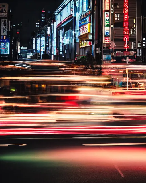 Prompt: long exposure of downtown tokyo at night as a bus drives by, light trails, motion blur, iso 1 0 0 f / 1 1, photorealistic