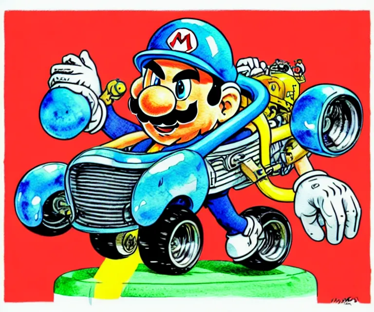 Prompt: cute and funny, mario, wearing a helmet, driving a hotrod, oversized enginee, ratfink style by ed roth, centered award winning watercolor pen illustration, isometric illustration by chihiro iwasaki, the artwork of r. crumb and his cheap suit, cult - classic - comic,