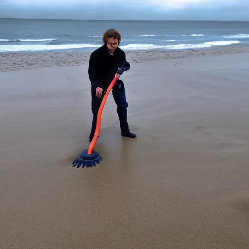 Image similar to anakin skywalker vacuuming the beach to remove all the sand, 4k 15mm wide angle lens. Ultra HD