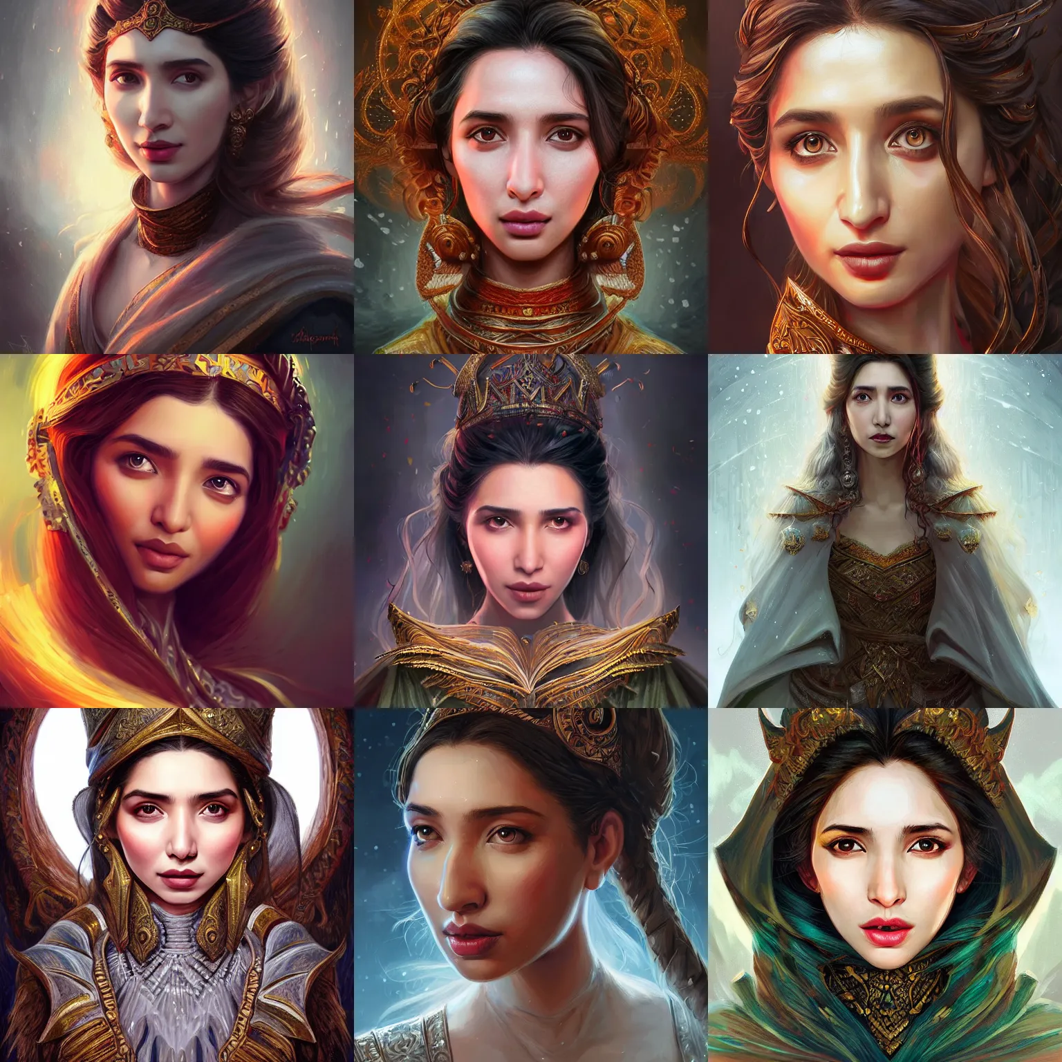 Prompt: head-on centered painted portrait, Mahira Khan as a D&D wizard, intricate fantasy robes, fantasy, intricate, elegant, highly detailed, digital painting, smooth, sharp focus, illustration, artstation, in the style of Artgerm and Anna Podedworna and Alex Ross