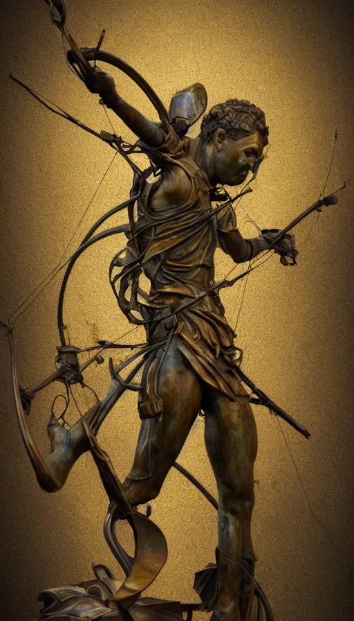 Image similar to An epic fantastic realism comic book style painting of a distressed bronze archery sculpture from the future by Stanislaw Szukalski, beautiful colorful flowers rain down, gilded marbled paper background, archer, fisheye lens, unreal 5, DAZ, hyperrealistic, octane render, dynamic lighting