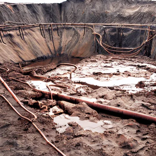 Image similar to underground copper mine, flooded, dirty water, rusty pipes