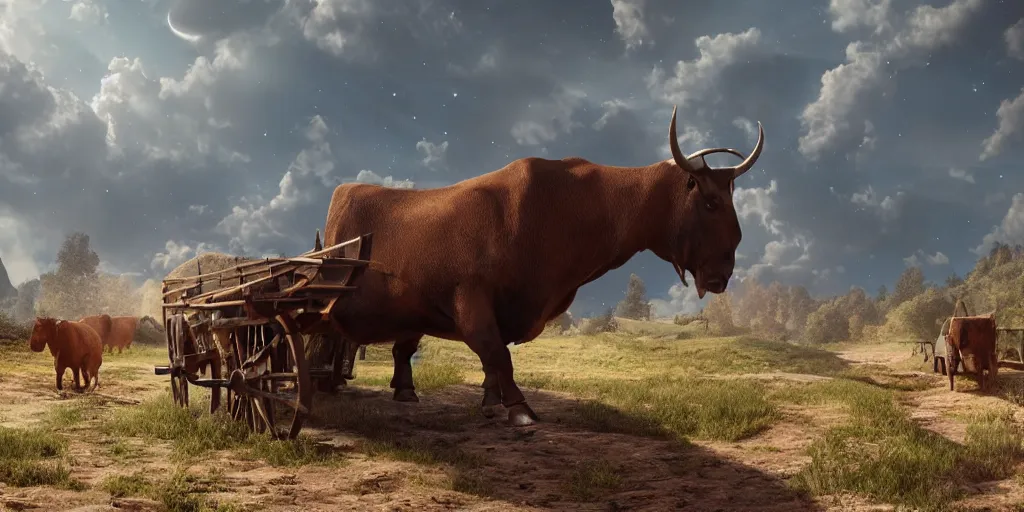 Prompt: an ox-wagon going down the trail as the universe collapses around it, extremely detailed, hyperrealistic, trending on artstation, unreal engine render, octane render