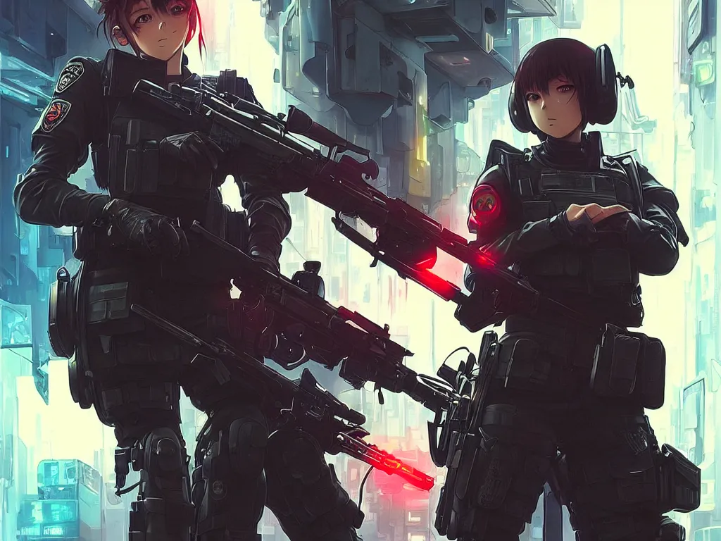 Image similar to anime key visual of a young female swat officer fighting male blood hound, neon, cyberpunk, futuristic, stunning, highly detailed, digital painting, smooth, soft focus, illustration, movie poster, japanese typography, digital art from artstation by artgerm and greg rutkowski and alphonse mucha