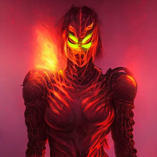 Image similar to dark art, Hot reptile humanoid woman, wearing armor, long red hair, glowing yellow eyes, burning world, futuristic, digital art, artstation, concept art, 4k, 8k