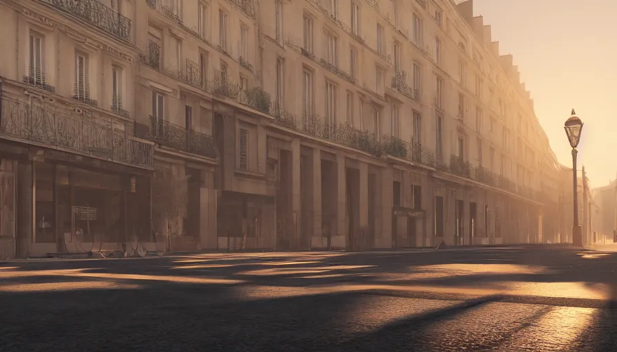 Image similar to empty paris streets, heat wave, volumetric light, abandoned, hyperdetailed, artstation, cgsociety, 8 k
