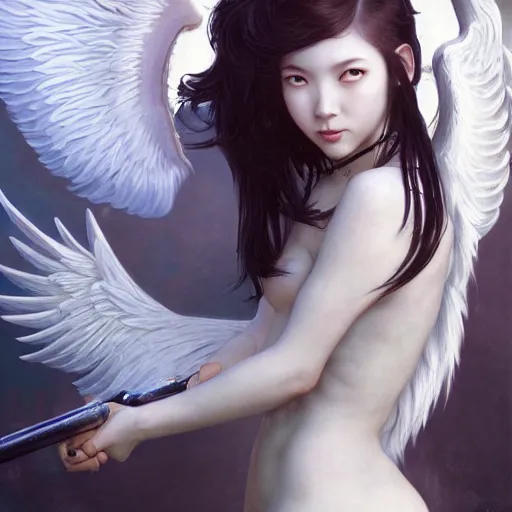 Image similar to Beautiful pale angelic goth asian girl with angel wings and devil\'s horns, warhammer 40000 masterpiece 4k digital illustration by Ruan Jia and Mandy Jurgens and Artgerm and william-adolphe bouguereau, highly detailed, trending on artstation, award winning,