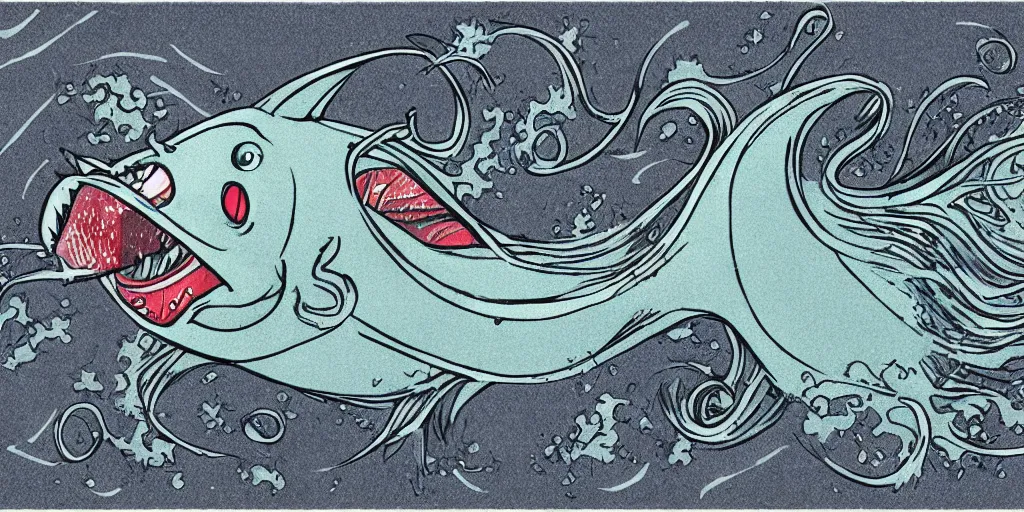 Image similar to illustration of an angler fish, in the stle of yoshi yoshitani, deep sea, large mouth filled with pointed teeth, stylized linework, ornamentation, artistic, muted color wash