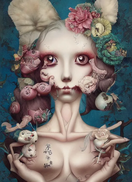 Prompt: pop surrealism, lowbrow art, realistic cute seductive female painting, japanese artist kaname ozuma, hyper realism, muted colours, rococo, dorian clevenger, natalie shau tom bagshaw, mark ryden, trevor brown style,