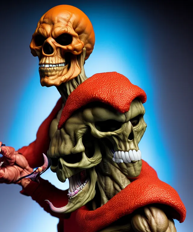 Image similar to hyperrealistic rendering, skeletor, by art of skinner and richard corben and jeff easley, product photography, action figure, sofubi, studio lighting, colored gels