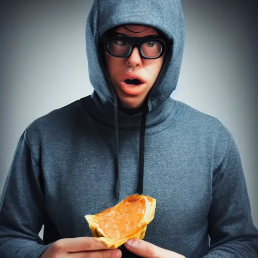 Image similar to photo of a hacker eating spam, studio photo, hdr, award winning photo