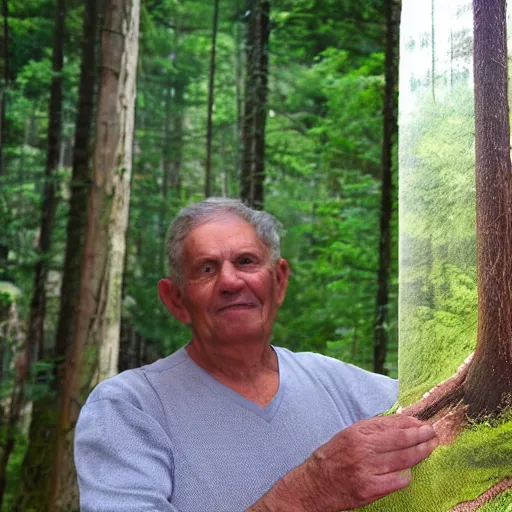 Prompt: Man posing with picture of forest he restored