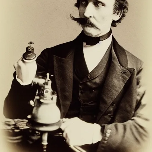 Image similar to Photo of a Victorian Gentleman with a Steampunk prosthetic