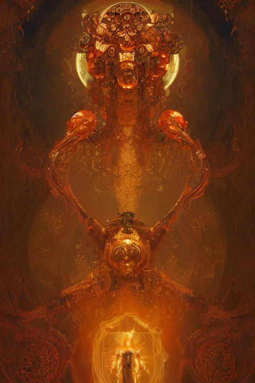 Image similar to tarot card artstation, portrait of a robot love dancer, sunrise, baroque ornament and rococo ornament, ancient chinese ornate, hyperdetailed, beautiful lighting, craig mullins, mucha, klimt, yoshitaka amano, red and gold and orange color palette