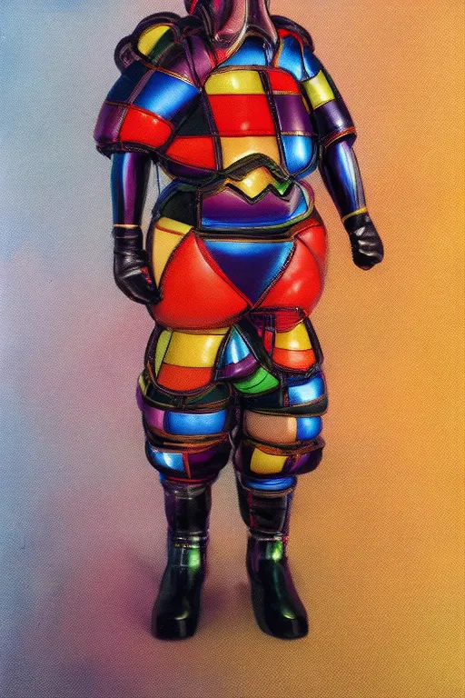 Prompt: a character wearing a voluminous inflatable suit made from tartan mix and ionized metal and plastic, blurred, muted colors, oil painting hyper real, super detailed, full body, soft light