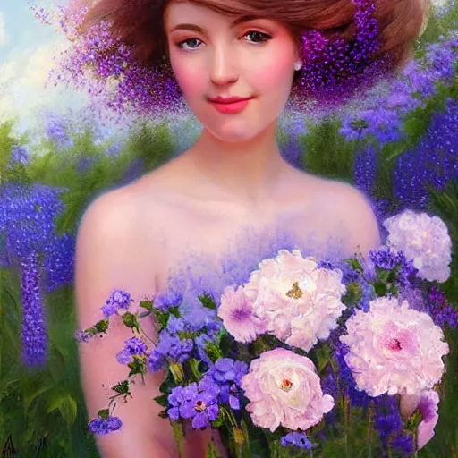 Image similar to a portrait of a romantic woman with flowers grow out of hair, roses peonies forget-me-nots dahlias lupins gladioli, sky theme in background, by Alexandr Averin, Digital Art, Trending on artstation