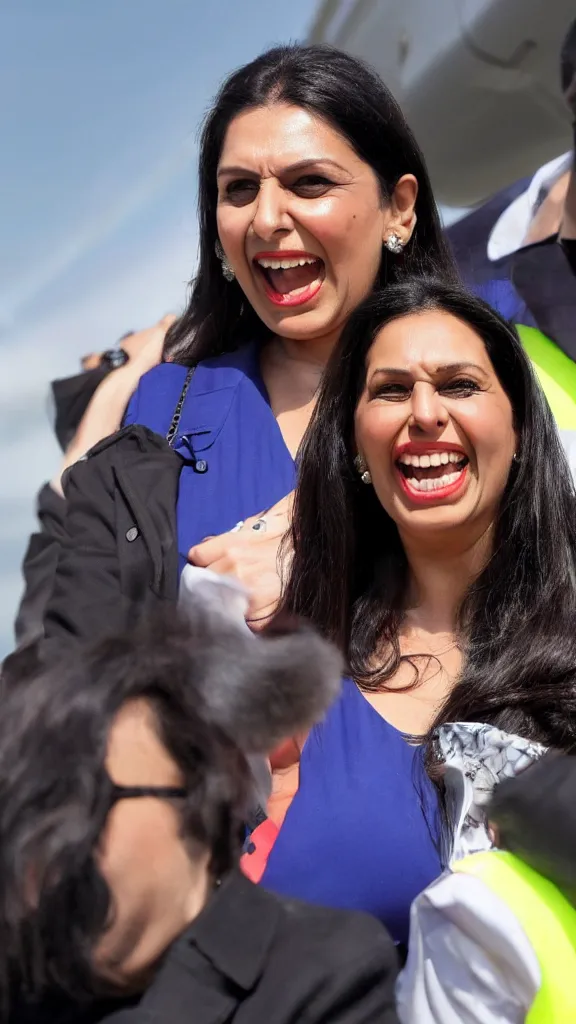 Image similar to priti patel laughing evilly while watching a plane take off at heathrow